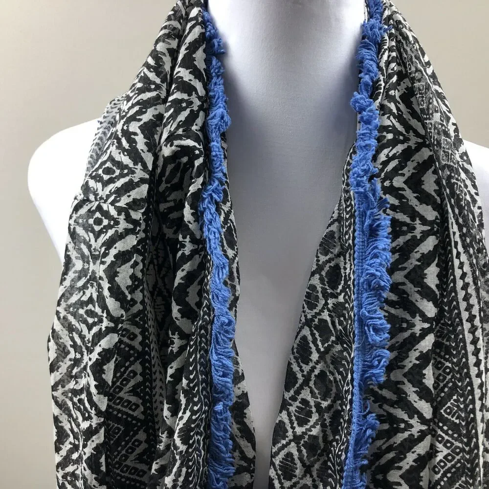 American Eagle Infinity Scarf B/W Sheer Blue Crochet Trim Boho Aztec 100% Cotton